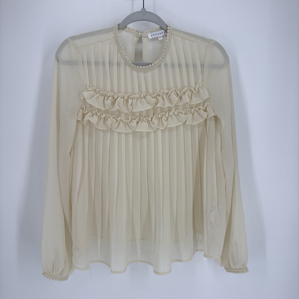 Anthropologie Endless Rose Sheer Pleated Blouse XS Ivory Ruffle Detail Large